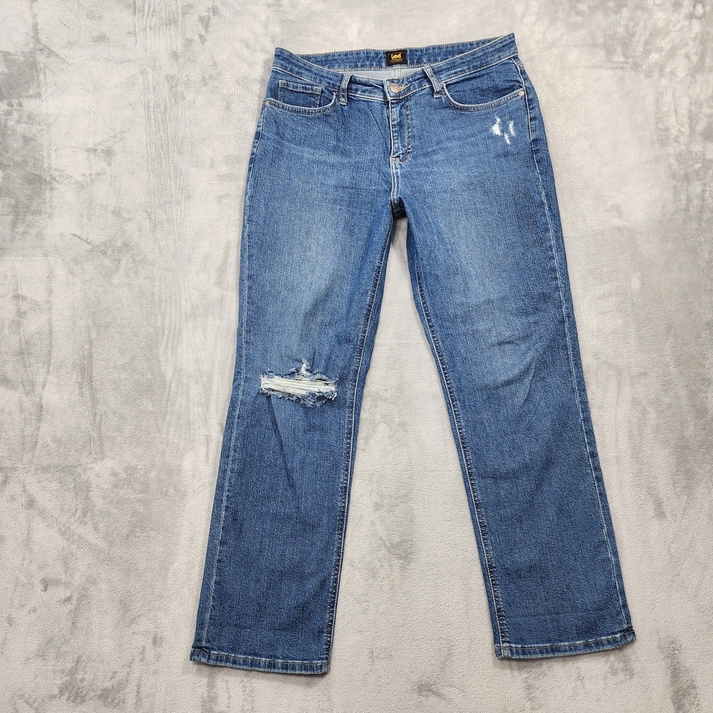 Lee Jeans Womens 12 Blue Mid Rise Straight Leg Distressed Stretch Denim Casual